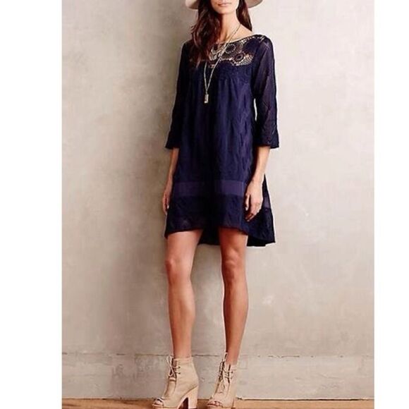 Anthropologie Holding Horses Augusta Lace Crochet  Navy Blue Swing Tunic Dress - Picture 1 of 8